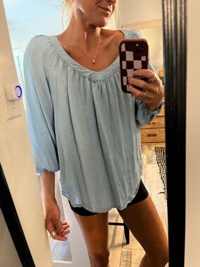 Light Blue Women's Denim Blue Peasant Blouse
